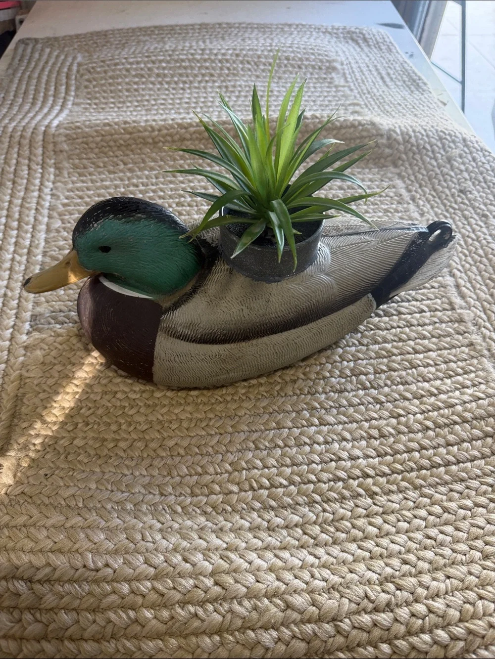 Decorative Duck Planter with Green Head and Faux Grass